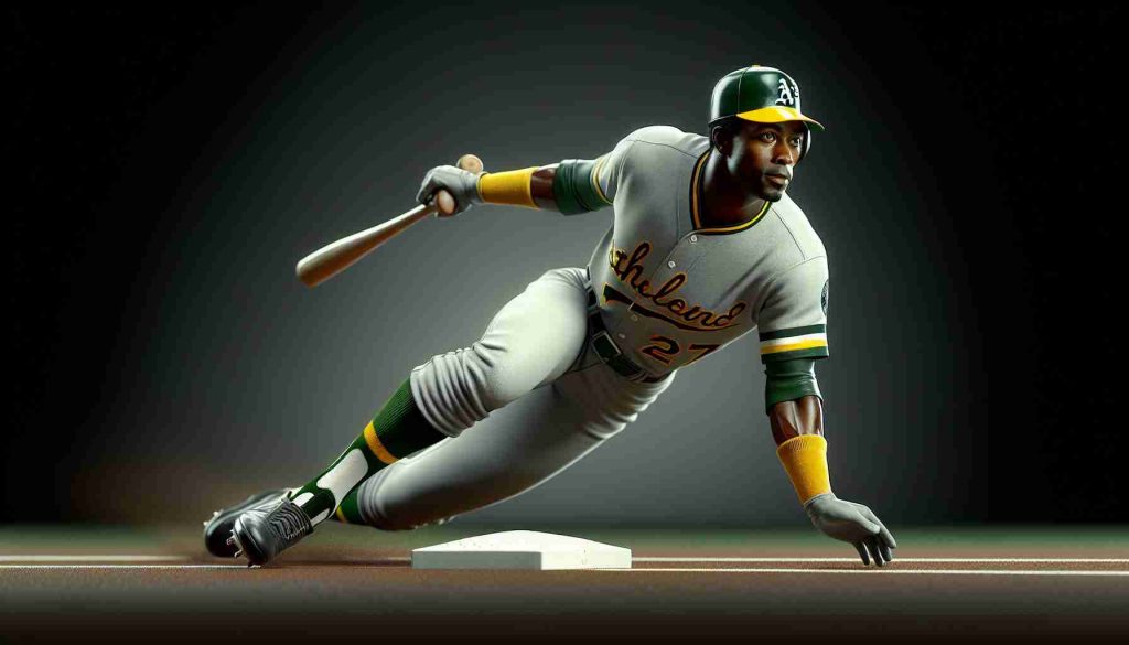 A high-definition, realistic portrayal of a legendary and highly skilled baseball player. This athlete is known for his speed and excellent base stealing abilities, much like how Rickey Henderson was admired. He is shown wearing a green and yellow baseball uniform, similar to the Oakland Athletics' jerseys, and is poised on the brink of stealing a base, displaying a tribute to the lost legend.