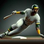 A high-definition, realistic portrayal of a legendary and highly skilled baseball player. This athlete is known for his speed and excellent base stealing abilities, much like how Rickey Henderson was admired. He is shown wearing a green and yellow baseball uniform, similar to the Oakland Athletics' jerseys, and is poised on the brink of stealing a base, displaying a tribute to the lost legend.