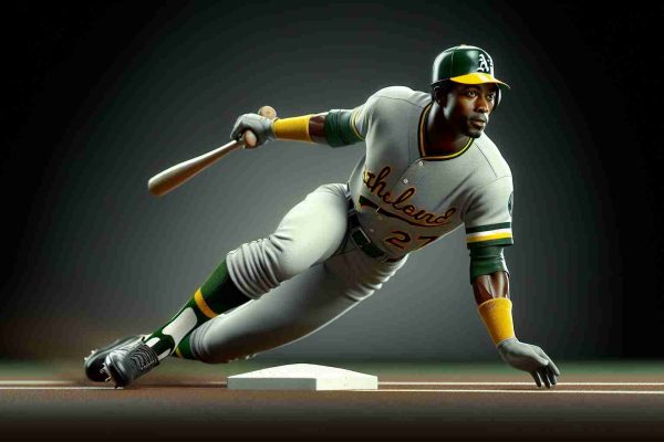 A high-definition, realistic portrayal of a legendary and highly skilled baseball player. This athlete is known for his speed and excellent base stealing abilities, much like how Rickey Henderson was admired. He is shown wearing a green and yellow baseball uniform, similar to the Oakland Athletics' jerseys, and is poised on the brink of stealing a base, displaying a tribute to the lost legend.