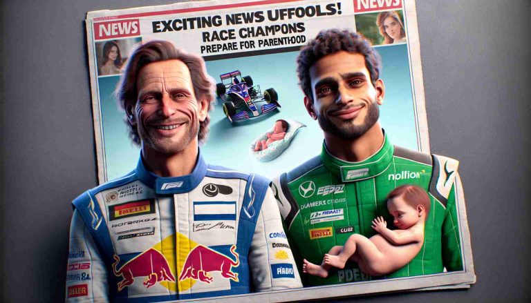 High-definition, realistic image featuring two renowned race car drivers, both male, expecting to become fathers. One gentleman is of Dutch descent, displaying a jovial expression evoking an atmosphere of excitement, and the other is of Brazilian descent, radiating calmness, balancing the energy of the scene. There are distinct elements around them that suggest an incoming joyful addition to their families, such as a subtle appearance of baby-themed items, well-balanced with the professional racing vibe. The news headline, 'Exciting News Unfolds! Race Champions Prepare for Parenthood', accompanies the image.