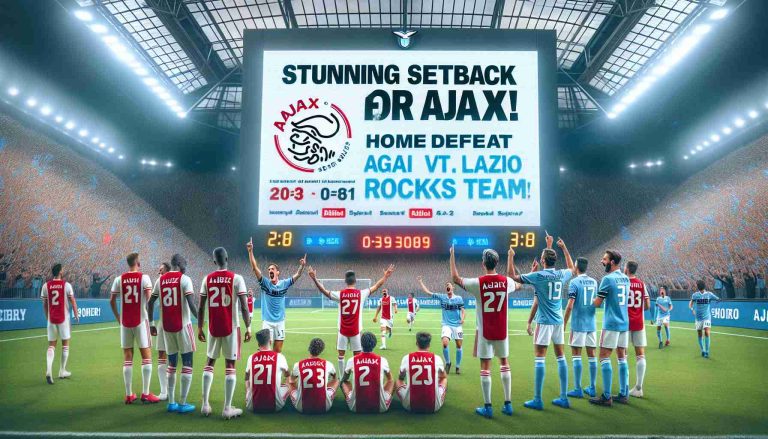 Generate a realistic high-definition image presenting a football scene with the headline: 'Stunning Setback for Ajax! Home Defeat Against Lazio Rocks the Team!' Display Ajax players in red and white uniforms looking dejected alongside Lazio players in sky blue kits celebrating. The background should depict a grand packed football ground, featuring an electronic scoreboard reflecting the shocking defeat of Ajax.