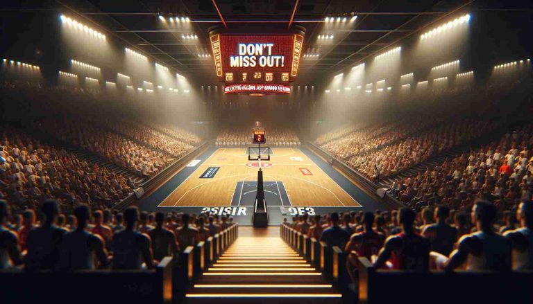 Realistic HD photo of a basketball court, the scene vividly capturing the anticipation of an upcoming season. The court is seen from an elevated angle, perhaps from the spectator seats. The lights are gleaming brightly, reflecting off the polished wooden floor. On the scoreboard, messages flash encouragingly: 'Don't Miss Out!' and 'Exciting Season Just Around the Corner!'. The air is charged with the possibility as the seats are expectant, patiently waiting for the thrilling games that'll soon unfold.