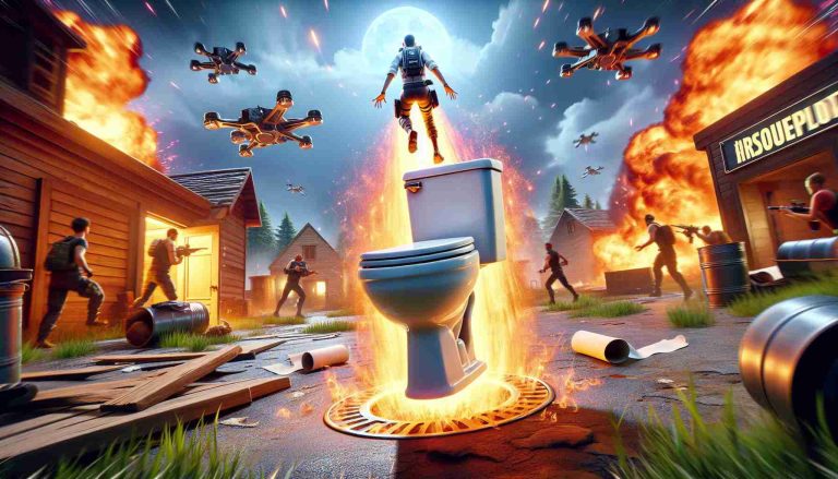 Capture a high-definition, realistic image of a new, exciting in-game feature creating a buzz among the players of a popular battle royale video game. It's described as a thrilling 'toilet launch' addon. The users of this fantastical feature can use toilets in the interactive setting to launch themselves, adding an unexpected twist to the gameplay. The game environment is pulsating with rushed anticipation and erupting with excitement regarding this unconventional mobility device.