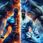 Dramatic high definition image of a thrilling confrontation between two powerful figures. On one side, a person synonymous with resilience and sheer determination, envisioned here with a broad muscular build, blue attire and a fiery demeanor. On the other, a figure embodying relentless focus and precision, depicted with a lean muscular physique, in white clothing, with impenetrable calmness. The fortitude of family lineage hangs in the balance, with accompanying elements indicating generational legacy, such as a looming family crest in the background.