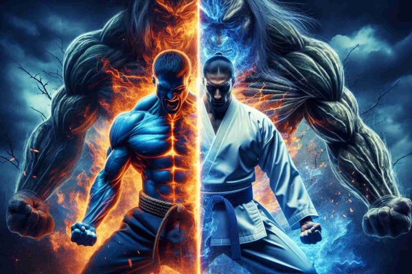 Dramatic high definition image of a thrilling confrontation between two powerful figures. On one side, a person synonymous with resilience and sheer determination, envisioned here with a broad muscular build, blue attire and a fiery demeanor. On the other, a figure embodying relentless focus and precision, depicted with a lean muscular physique, in white clothing, with impenetrable calmness. The fortitude of family lineage hangs in the balance, with accompanying elements indicating generational legacy, such as a looming family crest in the background.