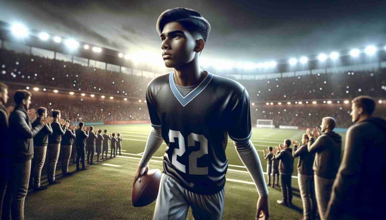 Realistic high-definition image of a pivotal moment: A 16-year-old football prodigy, of South Asian descent, stepping onto the field for the first time professionally. He's wearing a football uniform, his face full of determination. The packed stadium in the background is a blur of cheering fans, the bright stadium lights illuminating the scene. It's a tableau of anticipation and triumph. You can almost feel the pride swelling in the heart of this young athlete as he prepares to prove himself in the game he loves.