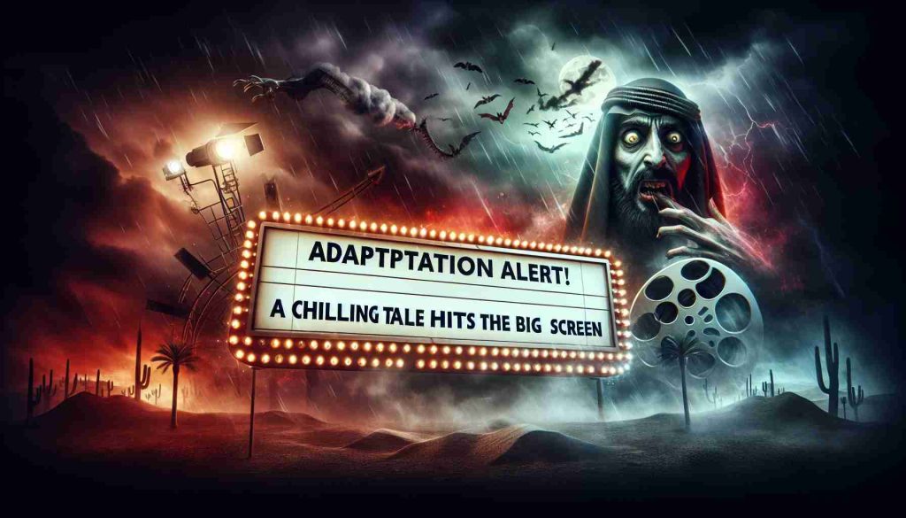 A realistic high-definition image depicting an intense and thrilling scene, signaling a chilling tale's adaptation for the big screen. It may include elements like a dark and stormy setting, a dramatic spotlight on a distressed character of middle-Eastern descent, a film reel, and a marquee sign that reads 'Adaptation Alert! A Chilling Tale Hits The Big Screen.' A sense of suspense and excitement is palpable in the image.