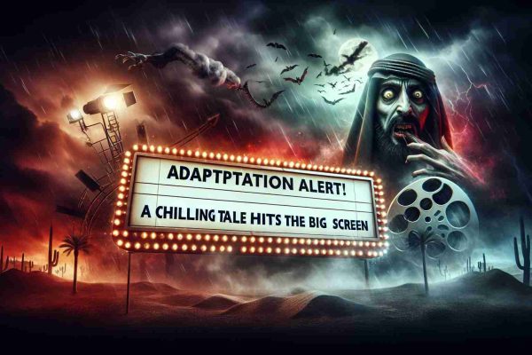 A realistic high-definition image depicting an intense and thrilling scene, signaling a chilling tale's adaptation for the big screen. It may include elements like a dark and stormy setting, a dramatic spotlight on a distressed character of middle-Eastern descent, a film reel, and a marquee sign that reads 'Adaptation Alert! A Chilling Tale Hits The Big Screen.' A sense of suspense and excitement is palpable in the image.