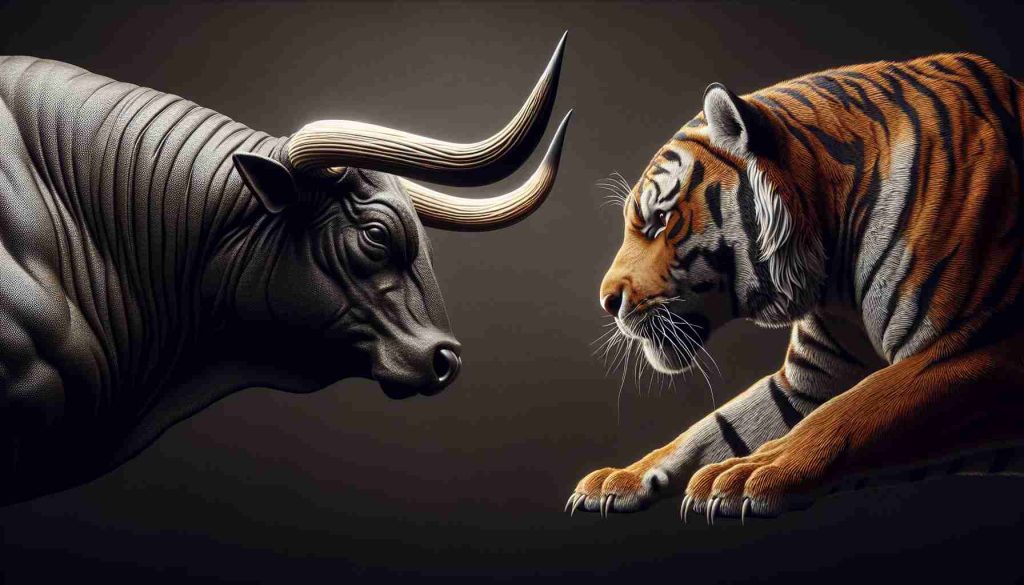 A highly detailed, realistic image showing a metaphorical confrontation between the Longhorns and the Tigers. On one side, represent the Longhorns as a mighty bull with extended horns, showcasing strength and resilience. On the other side, represent the Tigers as a fierce and agile tiger, epitomizing power and dominance. They should be seen engaging in a challenging stare-down, creating an atmosphere of healthy competition.