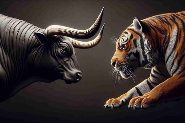 A highly detailed, realistic image showing a metaphorical confrontation between the Longhorns and the Tigers. On one side, represent the Longhorns as a mighty bull with extended horns, showcasing strength and resilience. On the other side, represent the Tigers as a fierce and agile tiger, epitomizing power and dominance. They should be seen engaging in a challenging stare-down, creating an atmosphere of healthy competition.