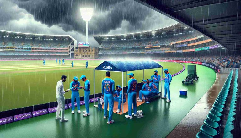 Generate a high definition, realistic image illustrating a scene of rain delays at the Gabba, a well-known cricket ground. Capture the suspenseful atmosphere as the Indian cricket team strategizes amid the weather-induced interruption. Include players in the team shelter discussing their tactics, a soggy cricket pitch under overcast skies, and anxious spectators waiting for the game to continue.