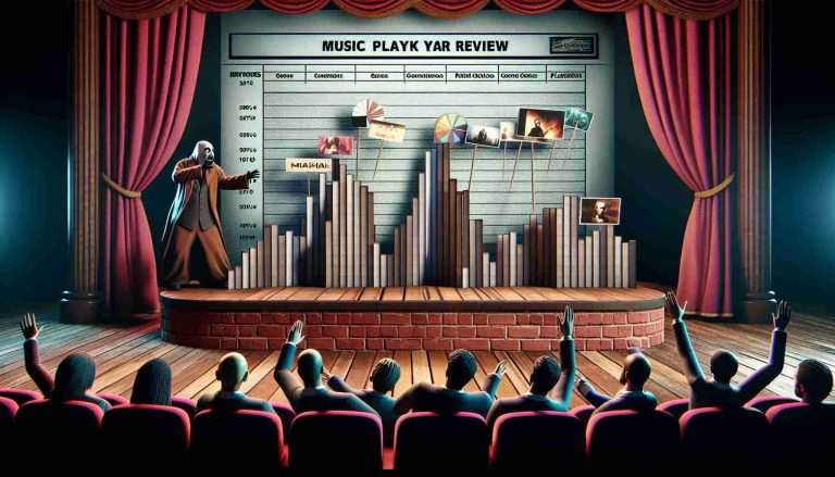 A high-definition, realistic picture of a 'music playback year in review' scenario played out with theatrical overtones. Elements include detailed music graphs showcasing multiple genres and playlists' statistics. The scene has a comedic tone, evoking feelings of slight embarrassment, as if someone's questionable music choices are being dramatically revealed.