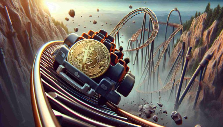 Create a high-definition, realistic image that symbolizes the volatility of Bitcoin. The scene should depict a rollercoaster with Bitcoin logo on it, spiraling downwards for the 'dip' and then pulling upwards for the 'comeback.' Add a suspenseful element to the scene to represent the anticipation of 'what happens next'.