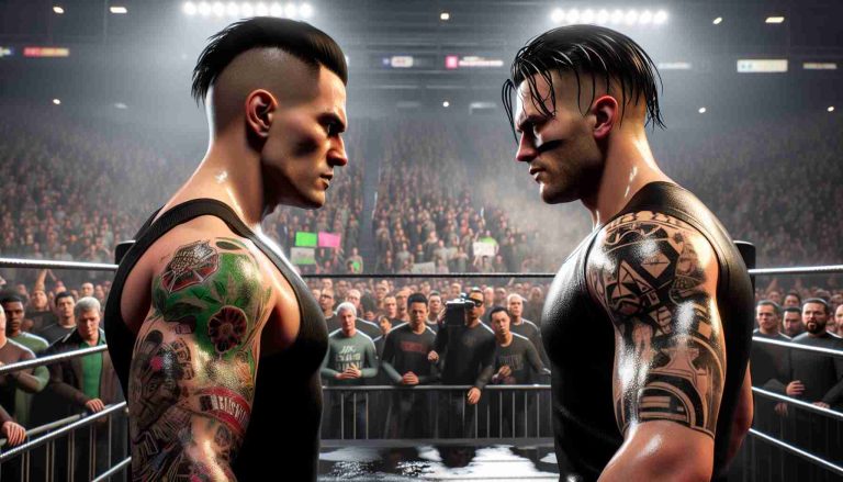 A realistic high-definition image capturing an epic fictional showdown in Boston! Two male professional wrestlers, one with a punk aesthetic and the other with a contemporary style, are at a tense standoff. The former wrestler is Caucasian with short, straight, slicked-back dark hair and heavily tattooed arms, donning a black wrestling gear. The latter wrestler is Caucasian with medium-long, wet black hair, a clean-shaven face, and an all black wrestling attire. The crowd behind them is filled with mixed emotions, magnifying the tensions of the clash.