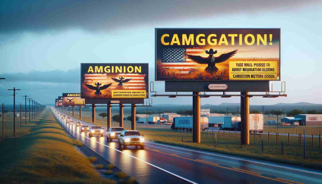 Realistic, high-definition image showcasing a scene in Texas featuring cautionary billboards about migration issues. The billboards should have alarming, eye-catching designs and make use of vivid colors.