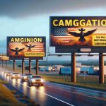 Realistic, high-definition image showcasing a scene in Texas featuring cautionary billboards about migration issues. The billboards should have alarming, eye-catching designs and make use of vivid colors.