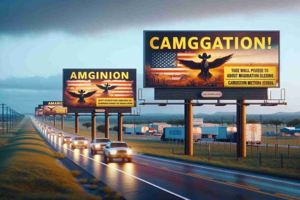 Realistic, high-definition image showcasing a scene in Texas featuring cautionary billboards about migration issues. The billboards should have alarming, eye-catching designs and make use of vivid colors.