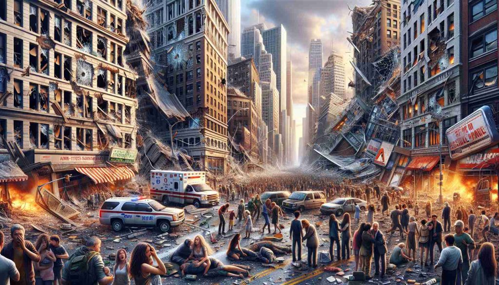 Detailed and realistic HD image of the aftermath of a shocking event in a generic urban city. Picture the chaos and disarray: shattered window pane, cracked streets, fallen sign boards, awnings ripped apart. People of various descents and genders look shocked, crying, comforting each other. The skyline is dominated by tall buildings, some partially damaged. Emergency vehicles can be seen, sirens blaring, trying to navigate through the rubble. The image captures the feeling of shock and despair but also of unity and strength in the face of adversity.