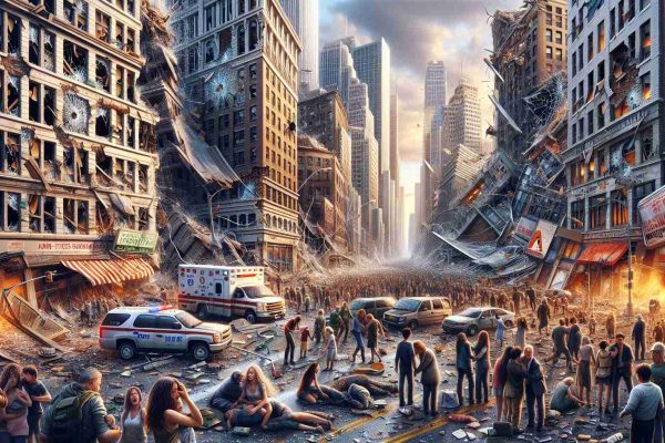 Detailed and realistic HD image of the aftermath of a shocking event in a generic urban city. Picture the chaos and disarray: shattered window pane, cracked streets, fallen sign boards, awnings ripped apart. People of various descents and genders look shocked, crying, comforting each other. The skyline is dominated by tall buildings, some partially damaged. Emergency vehicles can be seen, sirens blaring, trying to navigate through the rubble. The image captures the feeling of shock and despair but also of unity and strength in the face of adversity.