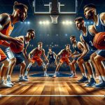 High definition photo of a basketball match between two professional teams. The athletes, all showing intense concentration and determination, are in the midst of an intense game, reflecting the title 'A Clash of Titans Tonight'. The team in orange and blue jerseys represents the home side, while the other team in navy blue and white jerseys is the away side. The court is filled with the vibrant energy of the crowd, the brightly lit stadium, and the action of the ongoing duel.