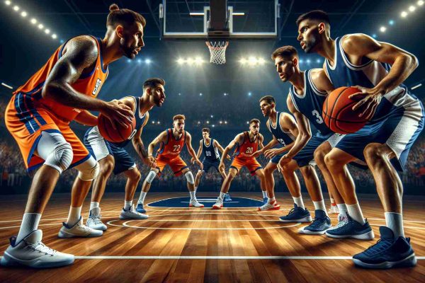 High definition photo of a basketball match between two professional teams. The athletes, all showing intense concentration and determination, are in the midst of an intense game, reflecting the title 'A Clash of Titans Tonight'. The team in orange and blue jerseys represents the home side, while the other team in navy blue and white jerseys is the away side. The court is filled with the vibrant energy of the crowd, the brightly lit stadium, and the action of the ongoing duel.