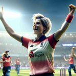 An HD, hyper-realistic image of a female cricket player making history. The player, who has short blonde hair, is in a moment of celebration; her arms are raised triumphantly, her face is lit with joy. She is dressed in England's cricket gear, which is red and white. In the background, you can see the rest of her team, equally ecstatic, with a scoreboard showing that they're dominating the T20 series. The atmosphere is electric with the sense of this pivotal moment in cricket history.