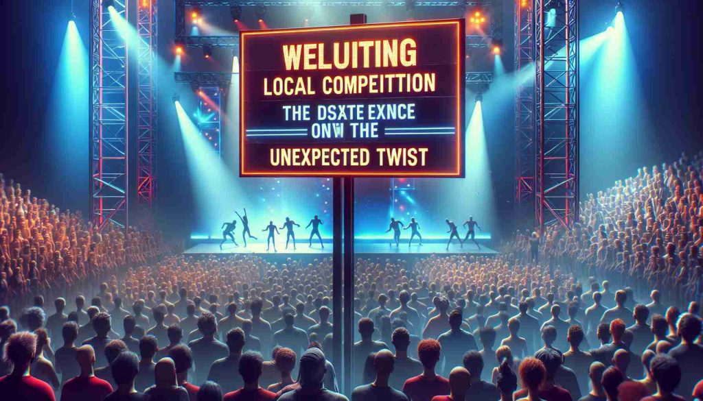 A hyper-realistic and high definition portrayal of an exciting local competition with an unexpected twist. The atmosphere is electrifying, the crowd is buzzing with anticipation, and a sign stands boldly inviting daring individuals to participate. While the exact nature of the contest remains mysterious, the thrill of the unexpected outcome promises intrigue and excitement.