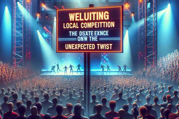 A hyper-realistic and high definition portrayal of an exciting local competition with an unexpected twist. The atmosphere is electrifying, the crowd is buzzing with anticipation, and a sign stands boldly inviting daring individuals to participate. While the exact nature of the contest remains mysterious, the thrill of the unexpected outcome promises intrigue and excitement.