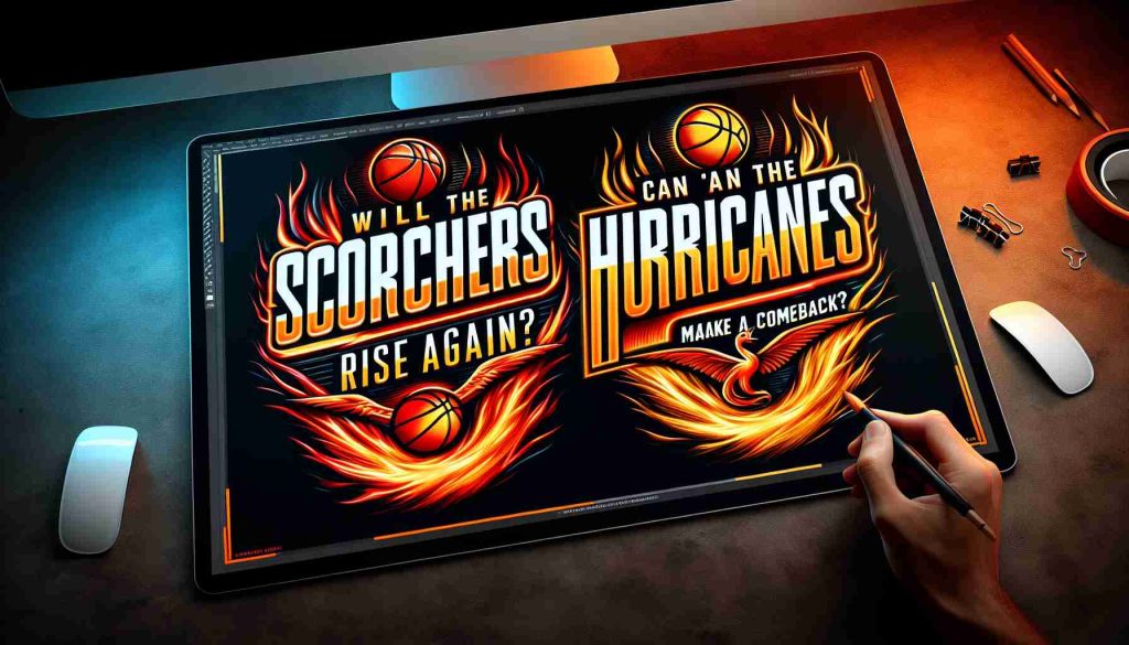 Realistic high-definition photo of a graphic design featuring the phrases, 'Will the Scorchers Rise Again?' and 'Can the Hurricanes Make a Comeback?'. The graphic should signify intensity and excitement, perhaps with a fiery motif for the Scorchers and a stormy aesthetic for the Hurricanes.