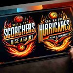 Realistic high-definition photo of a graphic design featuring the phrases, 'Will the Scorchers Rise Again?' and 'Can the Hurricanes Make a Comeback?'. The graphic should signify intensity and excitement, perhaps with a fiery motif for the Scorchers and a stormy aesthetic for the Hurricanes.