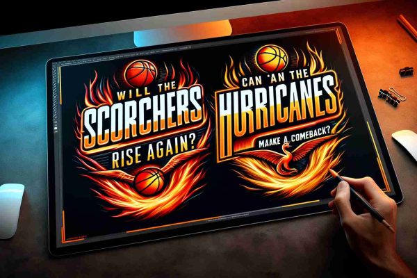 Realistic high-definition photo of a graphic design featuring the phrases, 'Will the Scorchers Rise Again?' and 'Can the Hurricanes Make a Comeback?'. The graphic should signify intensity and excitement, perhaps with a fiery motif for the Scorchers and a stormy aesthetic for the Hurricanes.