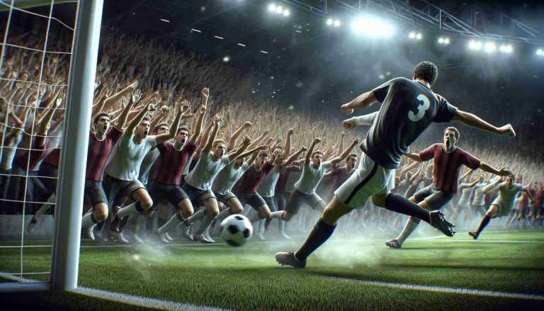 A realistic high-definition image of an intense soccer match where a player is being significantly obstructed, resulting in a penalty. The crowd erupts as the soccer player scores the penalty goal. The tension and excitement of the unparalleled match outcome is evident.