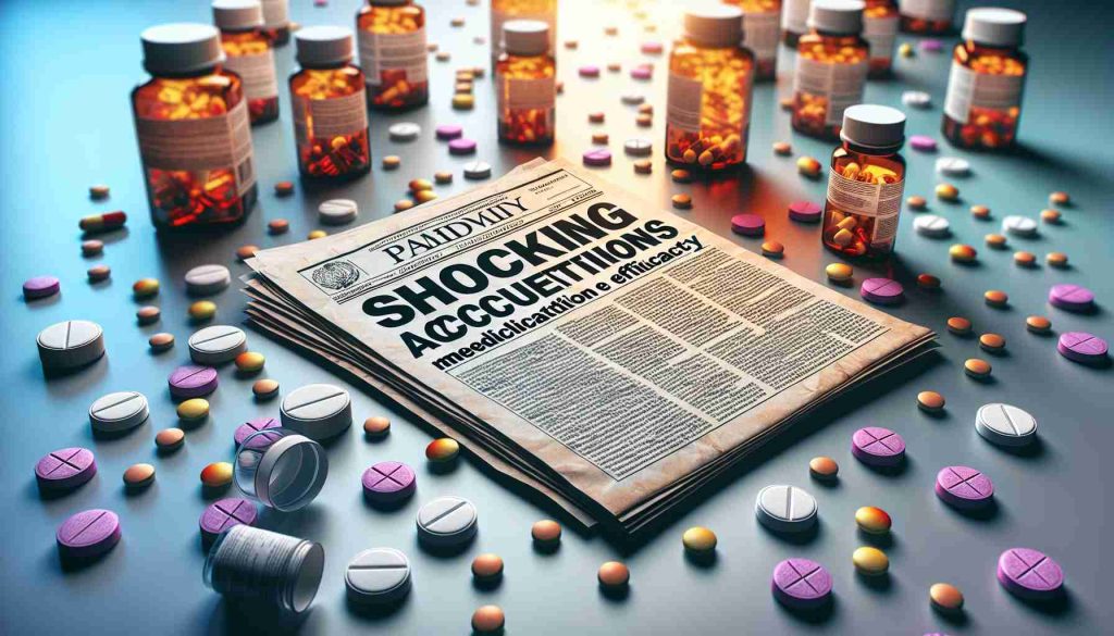 A highly detailed, realistic image depicting the concept of shocking accusations against a large, nameless pharmaceutical company. The focus of the image should be on a couple of important-looking documents or headlines related to medication efficacy, suggesting a controversy. The background can have medicine bottles scattered around, implying a theme of questioning the actual effectiveness of the medications produced by the company.