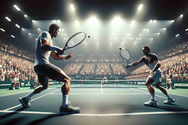 A highly detailed image of an intense match in a tennis tournament. Focus on two players intensely competing against each other on the court. The audience is on the edge of their seats, watching the match with bated breath. The two athletes on the court, one Caucasian and the other Mediterranean, are in mid-action, playing a crucial point. You can see the determination in their eyes and the sweat on their foreheads. The court should be state-of-the-art, fitting for a grand slam level. Render it in high definition and as realistically as possible.