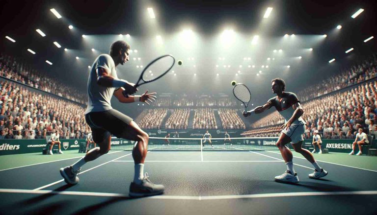 A highly detailed image of an intense match in a tennis tournament. Focus on two players intensely competing against each other on the court. The audience is on the edge of their seats, watching the match with bated breath. The two athletes on the court, one Caucasian and the other Mediterranean, are in mid-action, playing a crucial point. You can see the determination in their eyes and the sweat on their foreheads. The court should be state-of-the-art, fitting for a grand slam level. Render it in high definition and as realistically as possible.