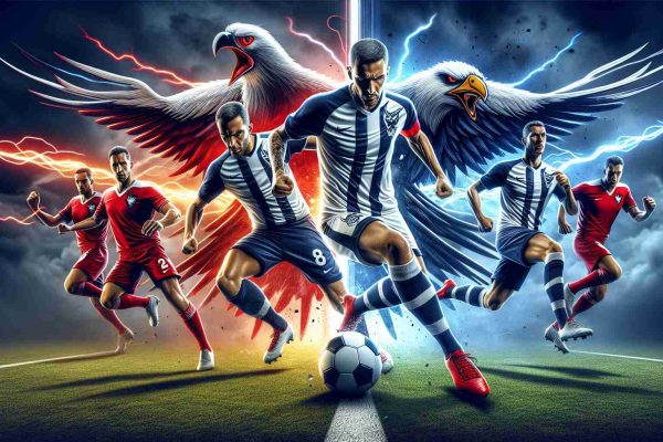 Generate an image of a thrilling football showdown where a team identified by their white and navy blue uniforms with a bird emblem is outlasting a team identifiable by their red and white kits with a devil emblem in a nail-biting, high-definition, realistic match scenario.