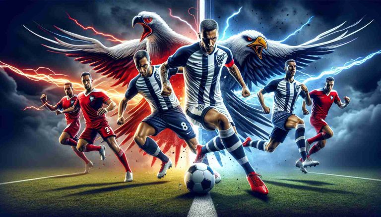 Generate an image of a thrilling football showdown where a team identified by their white and navy blue uniforms with a bird emblem is outlasting a team identifiable by their red and white kits with a devil emblem in a nail-biting, high-definition, realistic match scenario.