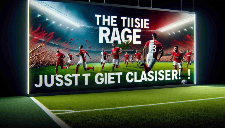 Generate a realistic high-definition image of a thrilling football match where the team in red and white triumphs over the team in red. Display the intensity and excitement of the game in the player's expressions, their actions, the cheering crowd, and the detailed lush green pitch. In prominent bold letters superimposed over the image, include the statement, 'The Title Race Just Got Closer!'