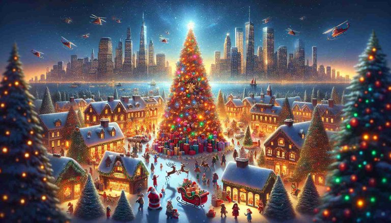 Create a realistic high definition photo of a festive scene representing the Christmas wishlist whereby fans dream of. Depict a vibrant tree adorned with twinkling lights and delicate ornaments, a skyline showcasing sparkling snow-topped roofs, and people of various descents merrily partaking in the festive celebration. Include some iconic symbols such as a santa's sleigh and reindeers, Christmas stockings and gifts. The atmosphere should represent joy, anticipation, and the spirit of giving synonymous with the Christmas season.