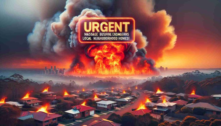 Generate a realistic, high-definition image showing a warning alert message that reads 'Urgent Alert: Massive Bushfire Endangers Local Neighborhood Homes!' The backdrop has an overwhelming view of a large bushfire engulfing areas in the distance. Houses on the periphery of the fire convey the critical situation, with smoky clouds and orange, fiery tones dominating the scene.