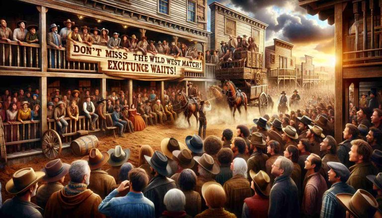 A highly detailed and realistic image portraying the excitement of a Wild West themed match. The scene unfolds in an Old West town with wooden storefronts, dust-covered streets, and horse-drawn wagons parked haphazardly. On the foreground, a crowd of diverse individuals is keenly observing the event. The crowd features emotion-filled faces of men and women of different descents such as Caucasian, Hispanic, Black, Middle-Eastern, South Asian, and White. The sky sets a thrilling mood with dramatic clouds. A large wooden signboard, painted artistically, reads, 'Don't Miss the Wild West Match! Excitement Awaits!'