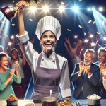 A high-definition, realistic image of a triumphant female chef, of Hispanic descent, on the stage of a culinary competition. She is adorned in traditional chef attire, proudly holding up a winner's trophy with a wide, victorious smile. The stage is bustling with excitement and activity - judges providing approving nods, other participants applauding, and the audience cheering exuberantly. She stands out as the focal point amidst the glowing stage lights and enthusiastic crowd.