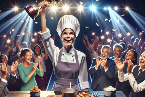 A high-definition, realistic image of a triumphant female chef, of Hispanic descent, on the stage of a culinary competition. She is adorned in traditional chef attire, proudly holding up a winner's trophy with a wide, victorious smile. The stage is bustling with excitement and activity - judges providing approving nods, other participants applauding, and the audience cheering exuberantly. She stands out as the focal point amidst the glowing stage lights and enthusiastic crowd.