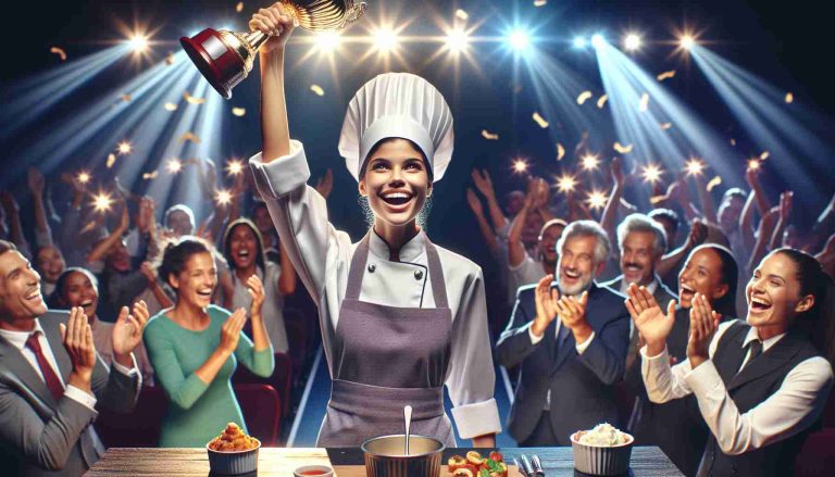 A high-definition, realistic image of a triumphant female chef, of Hispanic descent, on the stage of a culinary competition. She is adorned in traditional chef attire, proudly holding up a winner's trophy with a wide, victorious smile. The stage is bustling with excitement and activity - judges providing approving nods, other participants applauding, and the audience cheering exuberantly. She stands out as the focal point amidst the glowing stage lights and enthusiastic crowd.