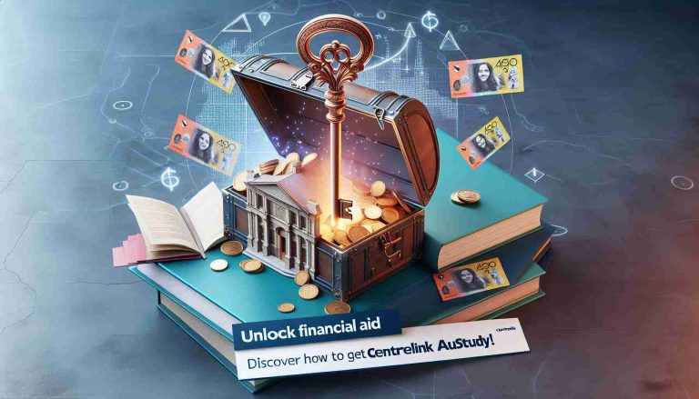 A realistic high-definition image representing the concept of financial aid for studies. The image includes a large, symbolic key unlocking a treasure chest filled with books, scholarship certificates, and Australian currency to represent Centrelink Austudy. There should also be an educational institution in the background. The text 'Unlock Financial Aid for Your Studies! Discover How to Get Centrelink Austudy' is displayed prominently in a visible and modern font style.