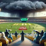 A realistic high definition image lending the interpretation of the phrase 'Will Rain Disrupt Australia's Game Plan Today?' A scene featuring an international cricket stadium, likely the Gabba, under a looming dark cloud. Show a scattered crowd in the stands, maintaining social distancing norms, equipped with raincoats and umbrellas, looking anxiously towards the sky. A digital scorecard is displaying 'Live Updates', with winds blowing the flags of the participating countries.