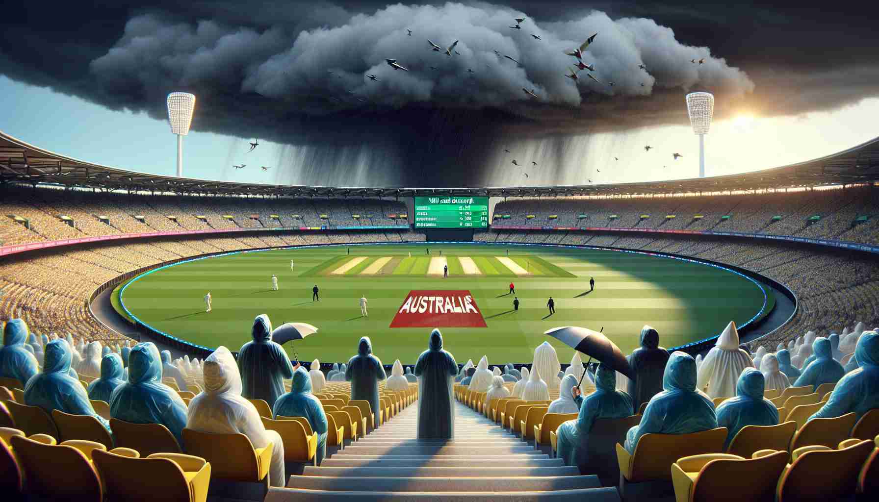 A realistic high definition image lending the interpretation of the phrase 'Will Rain Disrupt Australia's Game Plan Today?' A scene featuring an international cricket stadium, likely the Gabba, under a looming dark cloud. Show a scattered crowd in the stands, maintaining social distancing norms, equipped with raincoats and umbrellas, looking anxiously towards the sky. A digital scorecard is displaying 'Live Updates', with winds blowing the flags of the participating countries.