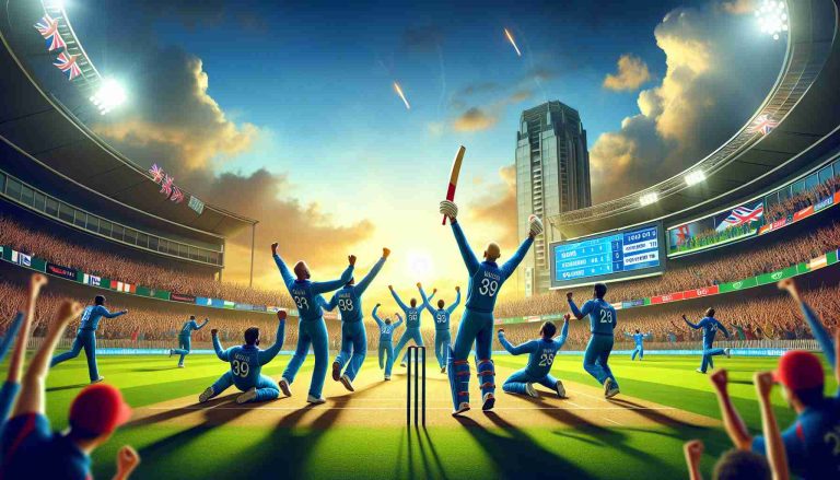 A high-definition, realistic image representing an epic One Day International cricket match victory. This symbolic scene includes jubilant team members celebrating their win on cricket field, a roaring crowd in the stands in the background, and a clear view of the scoreboard showing the victorious team's score. Please note that the teams' identities are not specific but rather, generic representations of cricket teams.