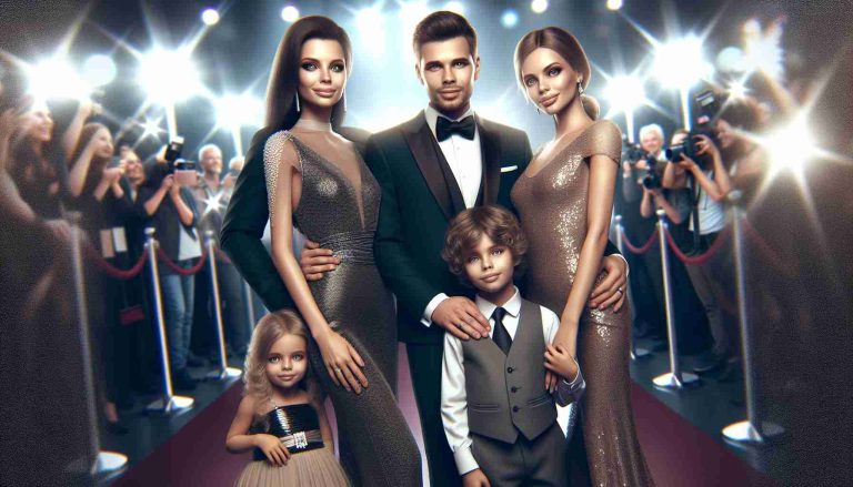 Realistic high-definition picture of a family of four, where both parents are actors. They stand in a shiny, glamorous setting that radiates fame, such as a red carpet event or a movie premiere. The parents are poised and confident, holding tightly to their beautiful two children - a boy and a girl. Each family member is dressed elegantly, their outfits matching subtly, giving an air of unity and harmony. The background hints the glitz and glam of the movie industry with cameras flashing and admiring crowd. The scene radiates an overall vibe of family, cinema, and stardom.