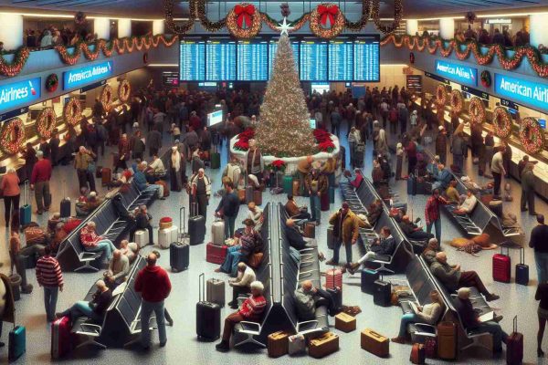 Generate a realistic high-definition image depicting a scene of Christmas Chaos at an airport. American Airlines is experiencing a major disruption, halting all US flights. The scene is filled with disappointed and confused holiday travelers, some clustered around the information screens or standing in front of airline counters, others sitting on their suitcases or talking on phones. Festive decorations - Christmas trees, lights, and wreaths - contrast the hurried and chaotic atmosphere.